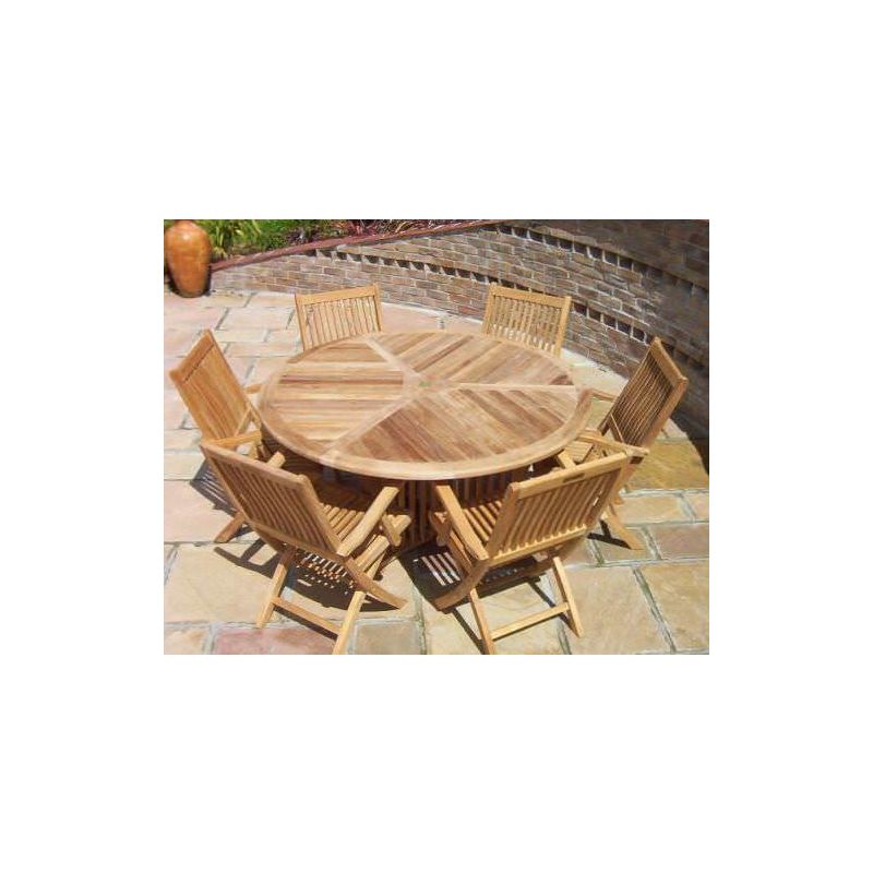 1.5m Teak Circular Radar Table with 6 Kiffa Folding Chairs